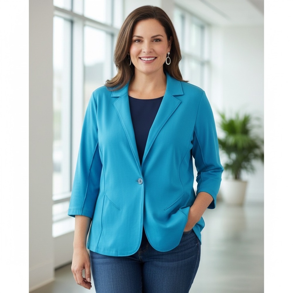 NEW Peter Nygard‎ Stretch Knit Blazer Women Plus 1X Blue Turquoise 3/4 Sleeves